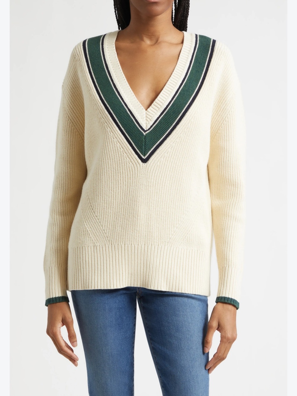 Veronica Beard Jovren Sweater Contrast Detail Cotton & Cashmere v neck